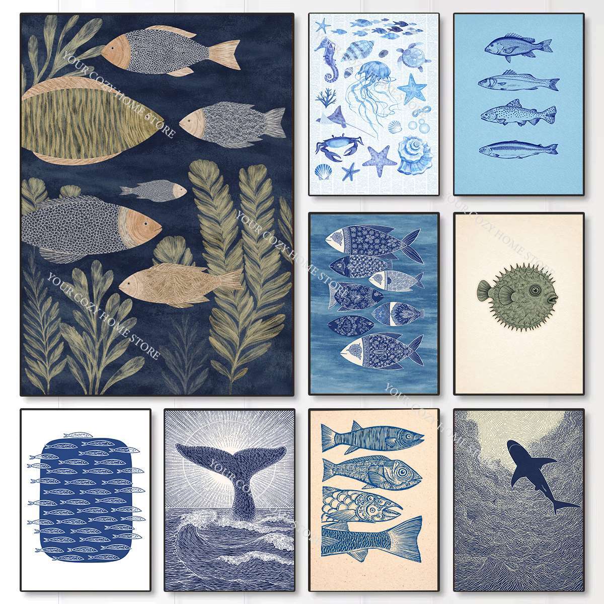 Home Decor Nautical - Poster artistico minimalista con pesci e